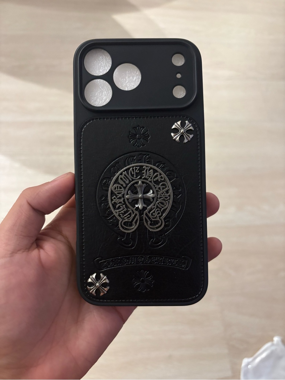 Black Leather Embossed iPhone Case with Metal Cross Accents